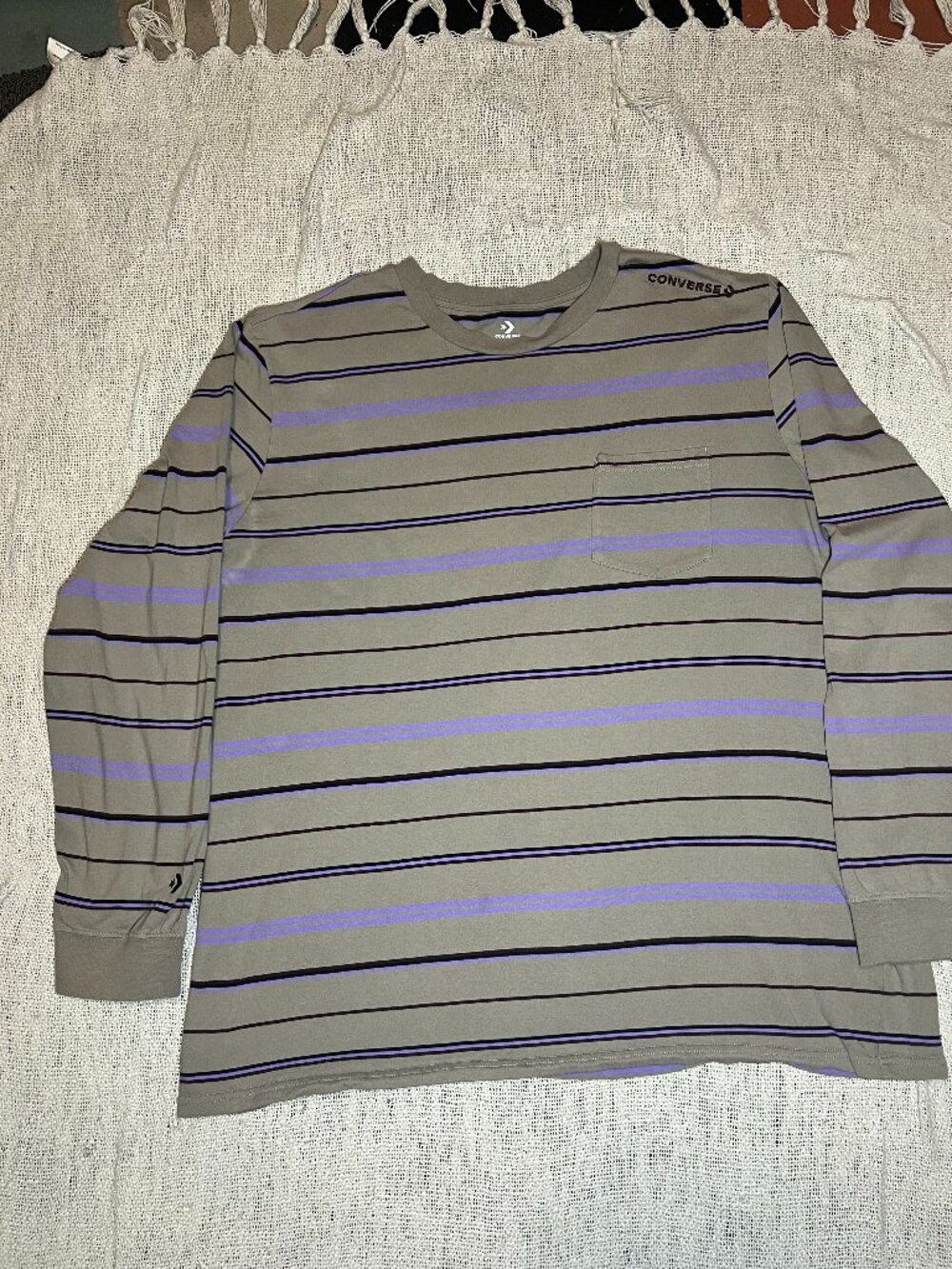Converse Men’s XXL Gray Purple Striped Long Sleeve T-Shirt with Pocket